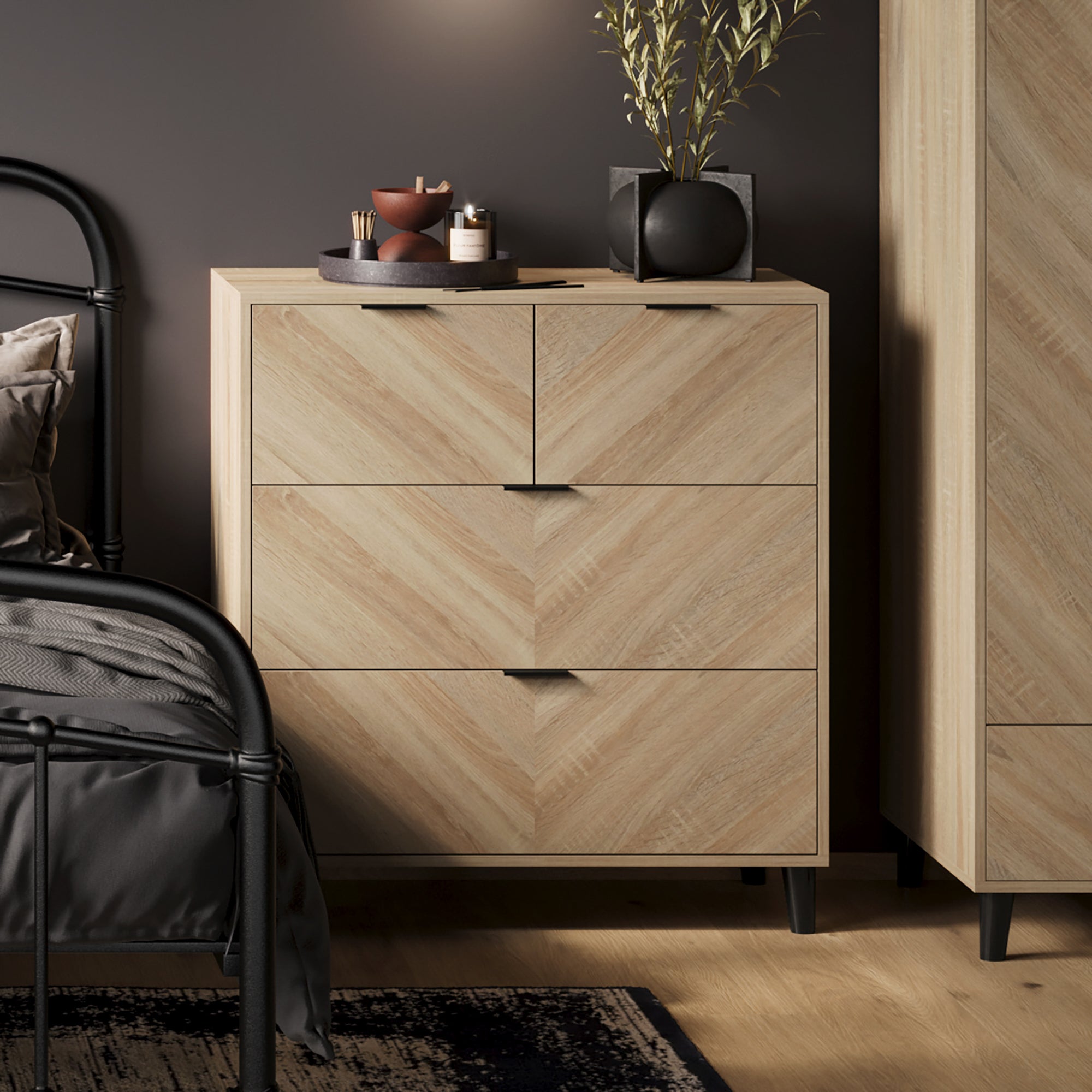 Chevron pattern chest of drawers in oak