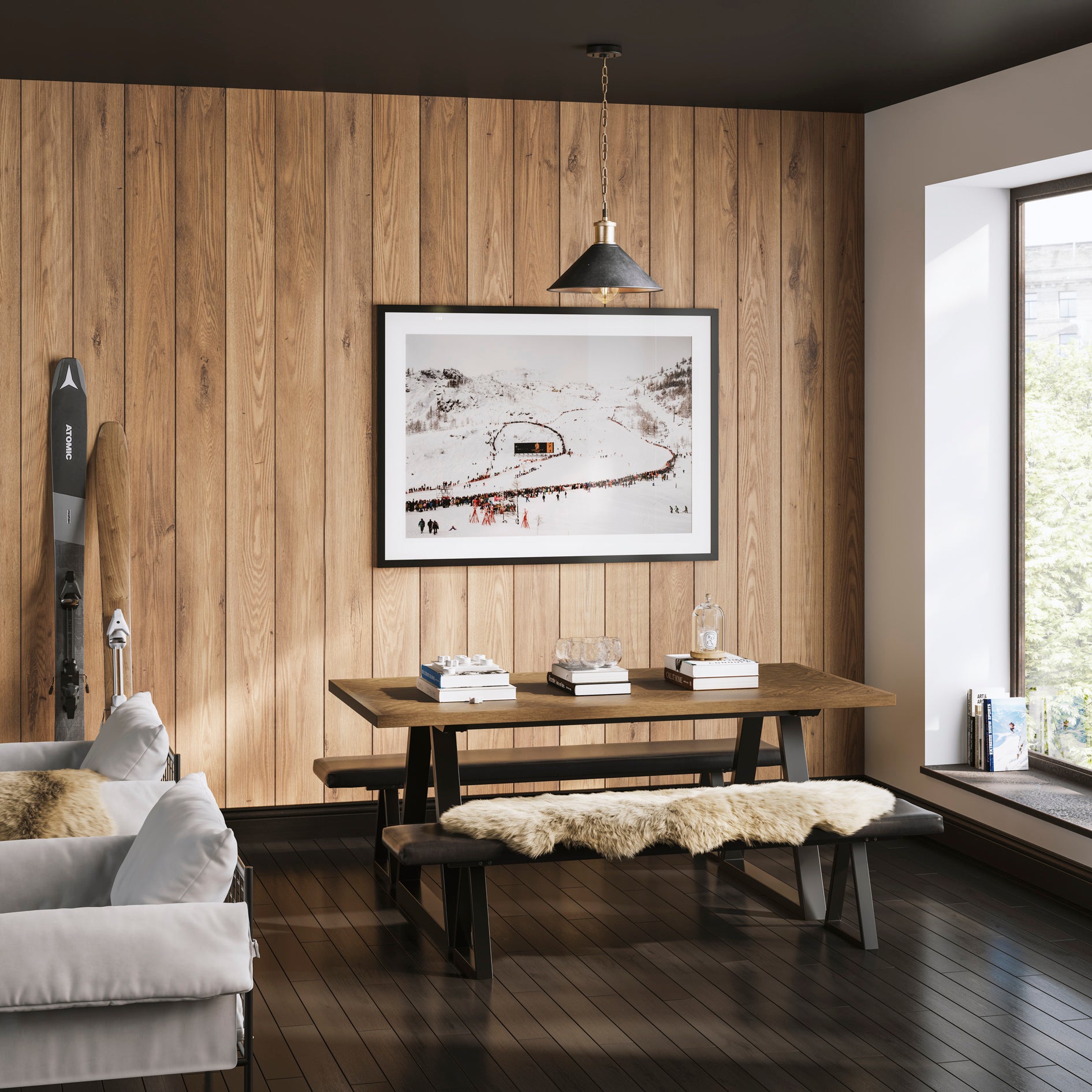 Wooden dining table with black metal legs