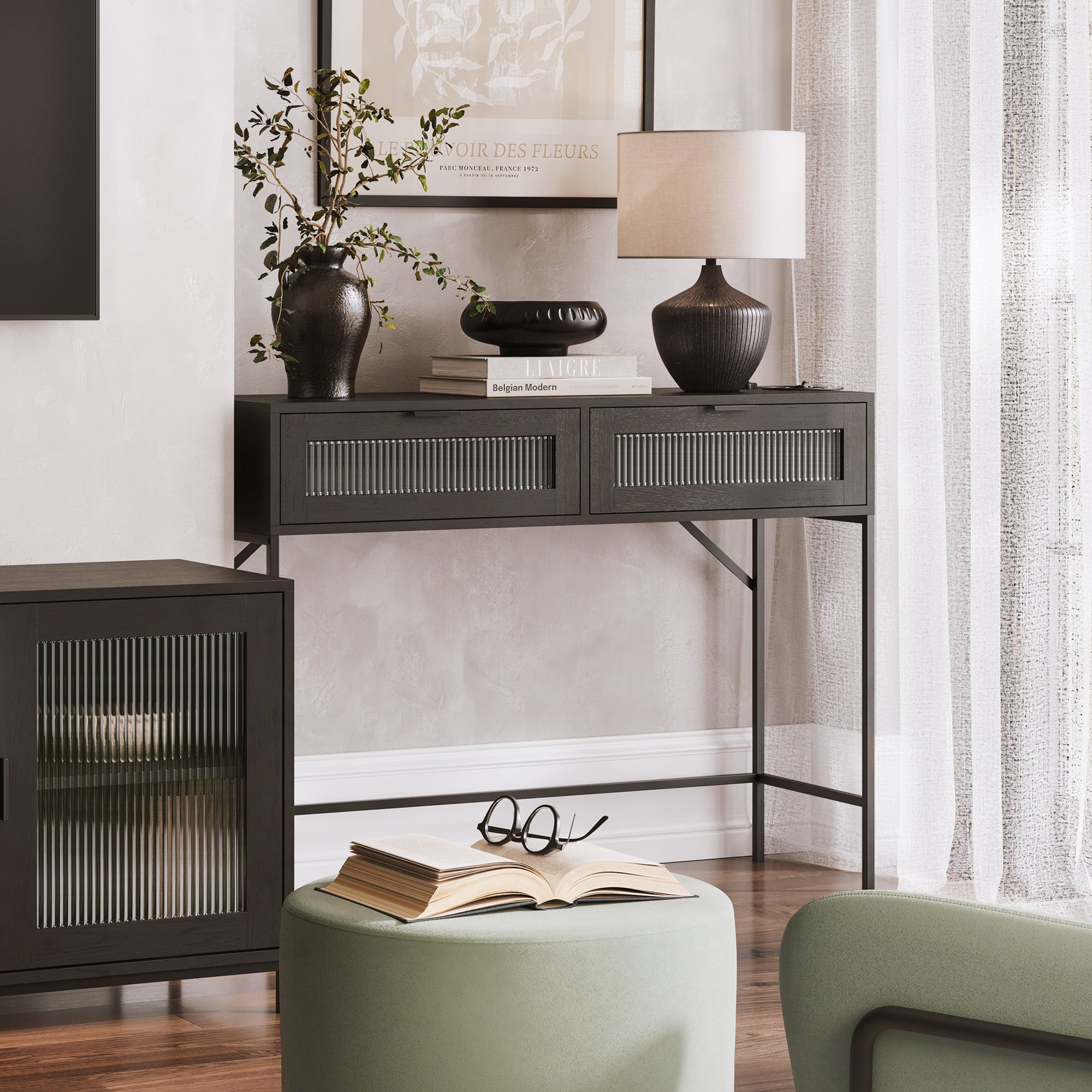 Matte black console table with glass front doors