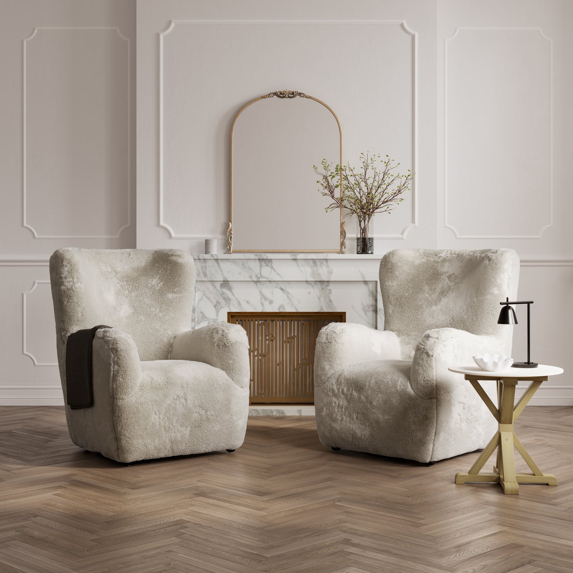 Grey fur fabric wing backed armchair