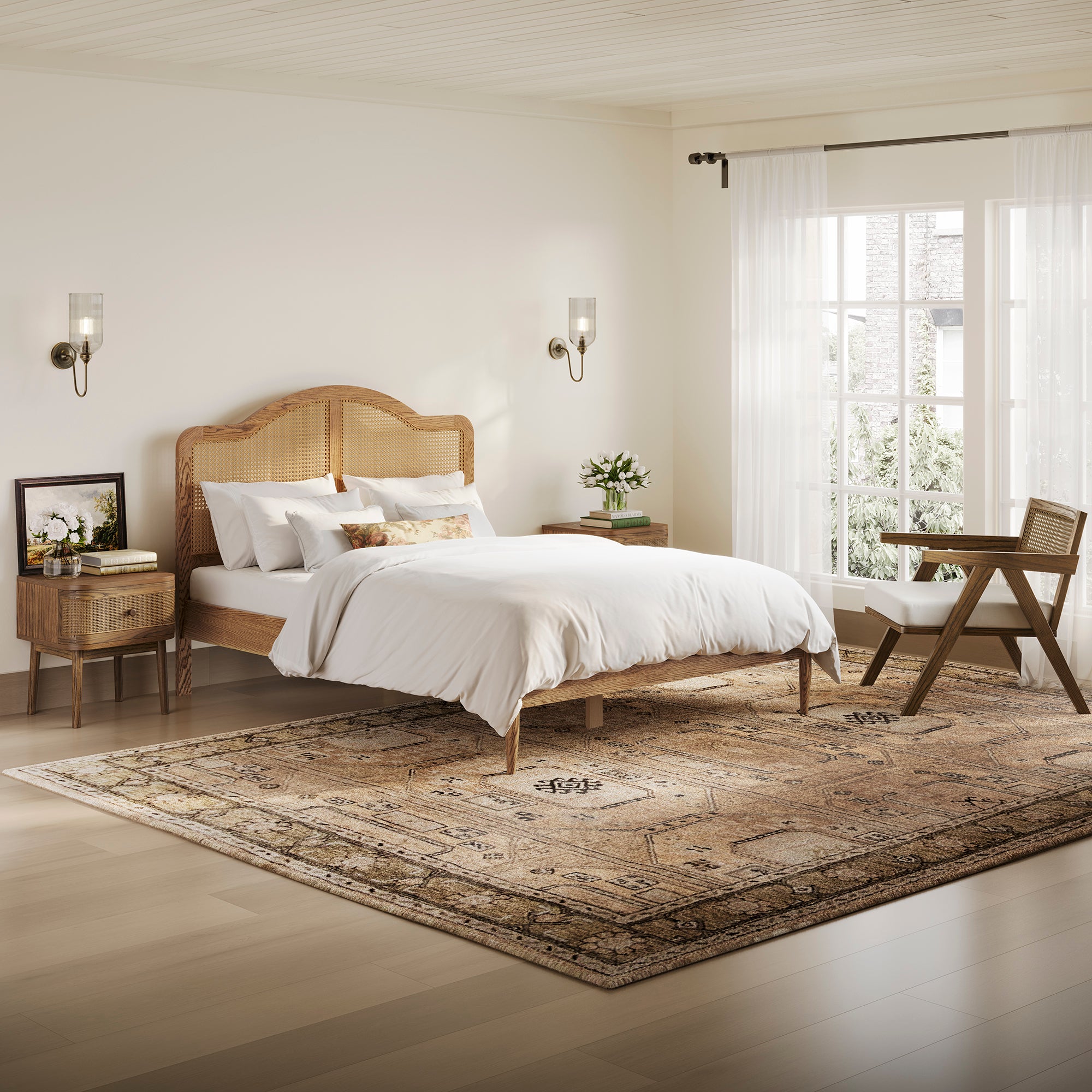 Wooden bed with curved headboard