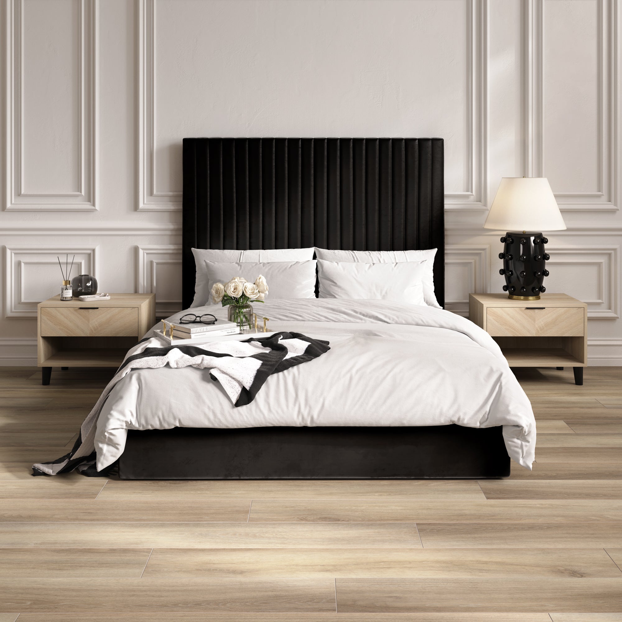 Chevron pattern bedside cabinet in oak in a bedroom