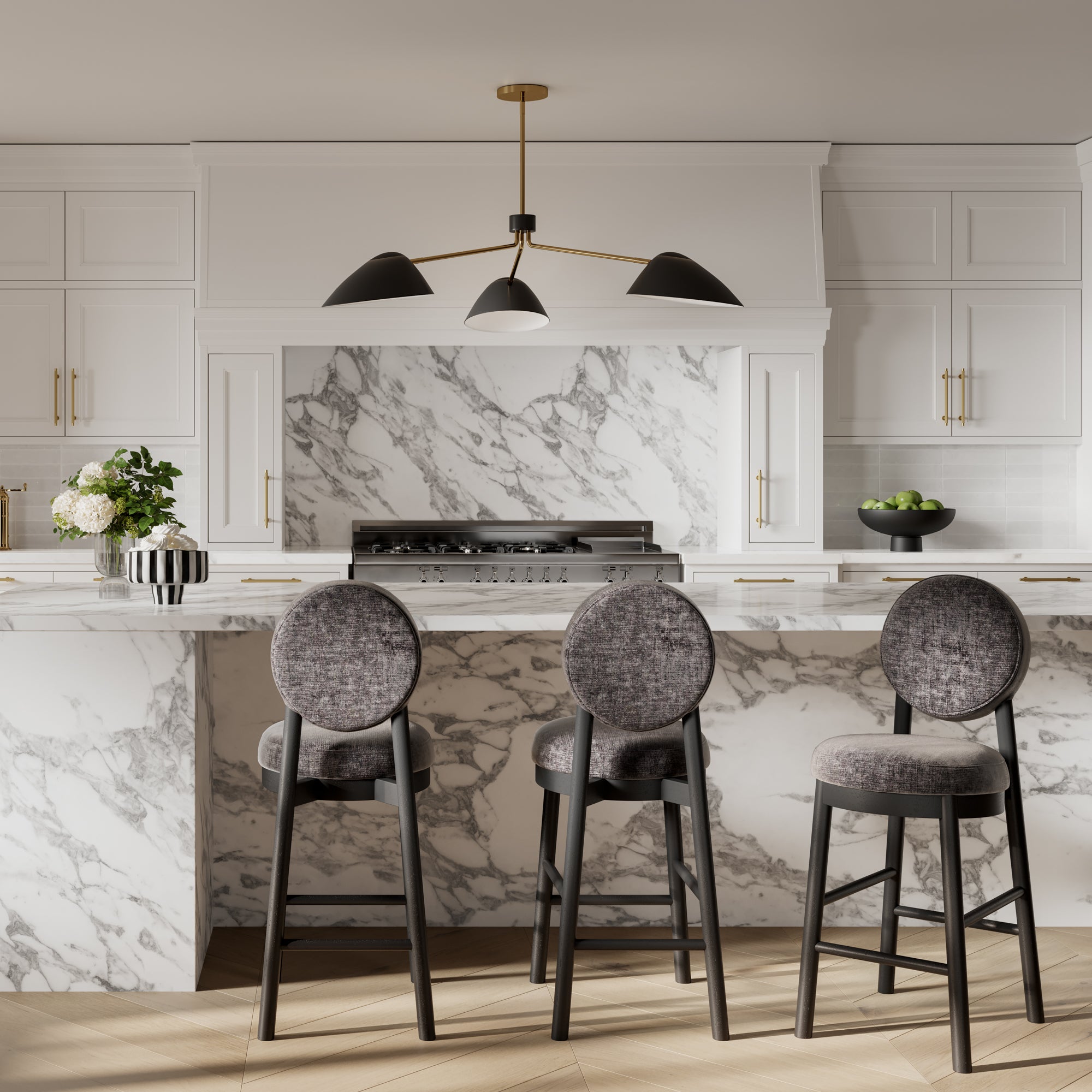 Modern black bar stool with wooden accents and grey cushion