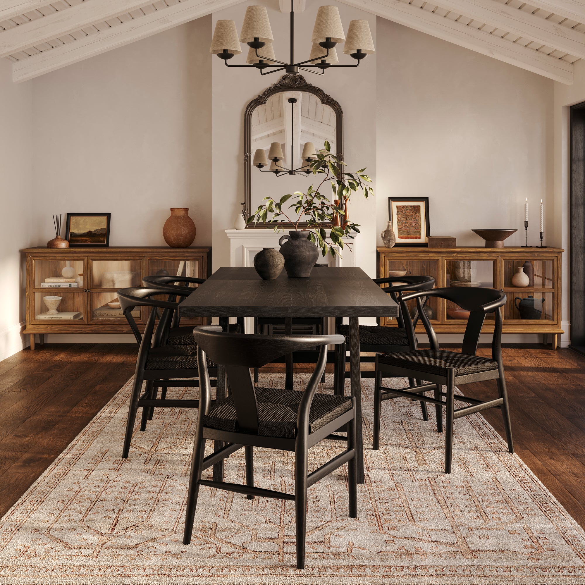 Black dining chair with grey cushion and brown wooden table