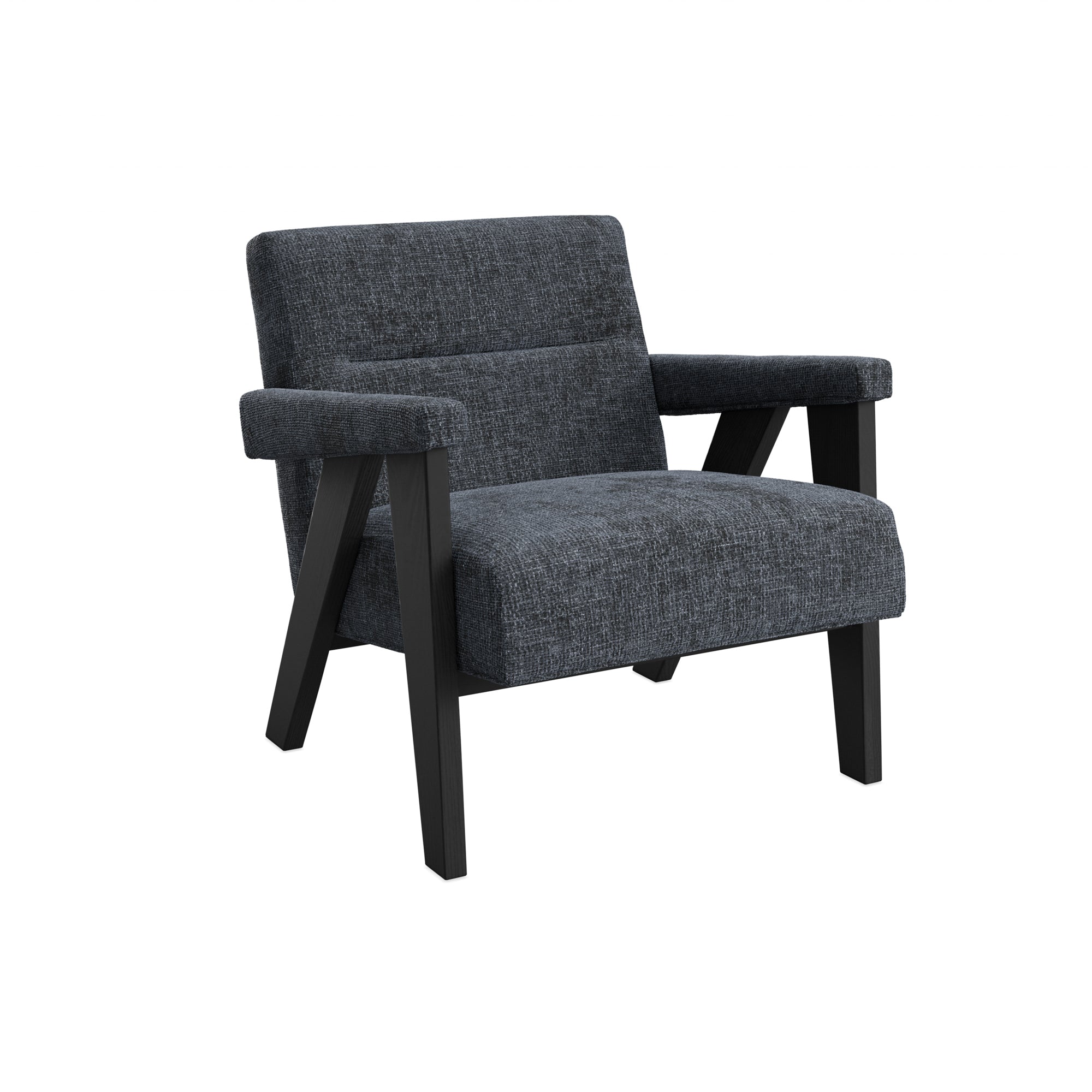 Grey velvet armchair with black wooden legs