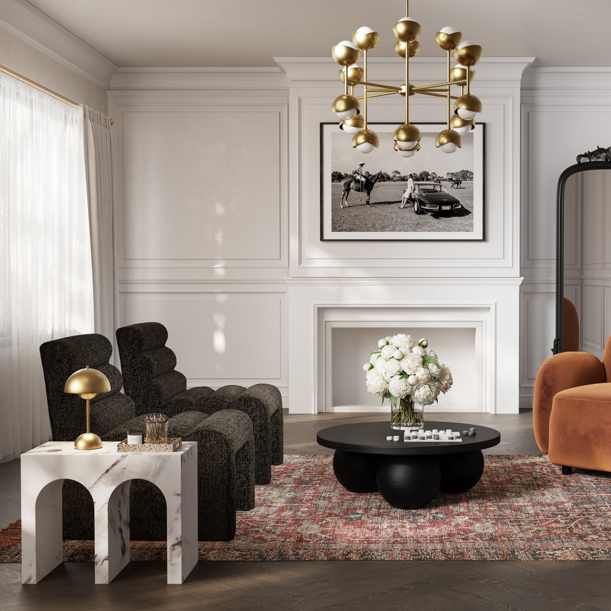 Marble-patterned console table with arches with black round table and upholstered arm chairs