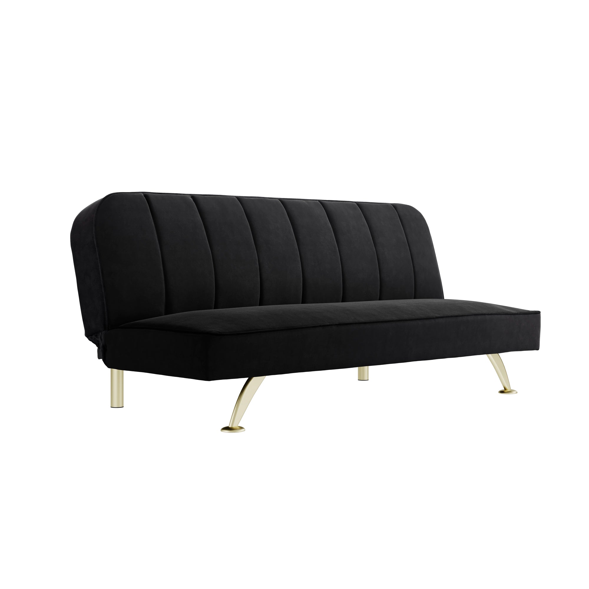 Black sofa with gold legs on a white background