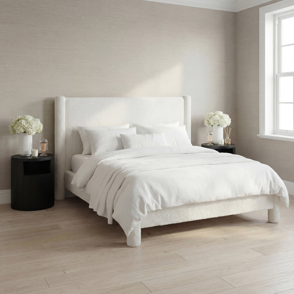 White boucle wide King Bed in neutral living space