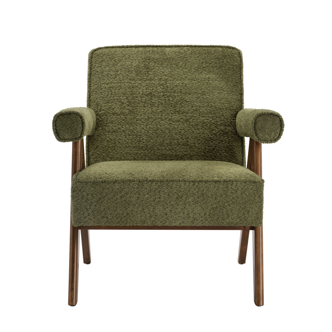 Green Herringbone and wooden armchair