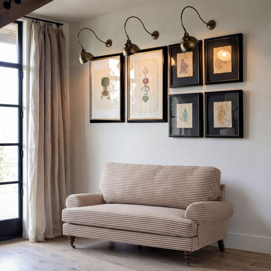 Grey Striped Chenille 2 seater Sofa with Wooden Legs in a neutral living space