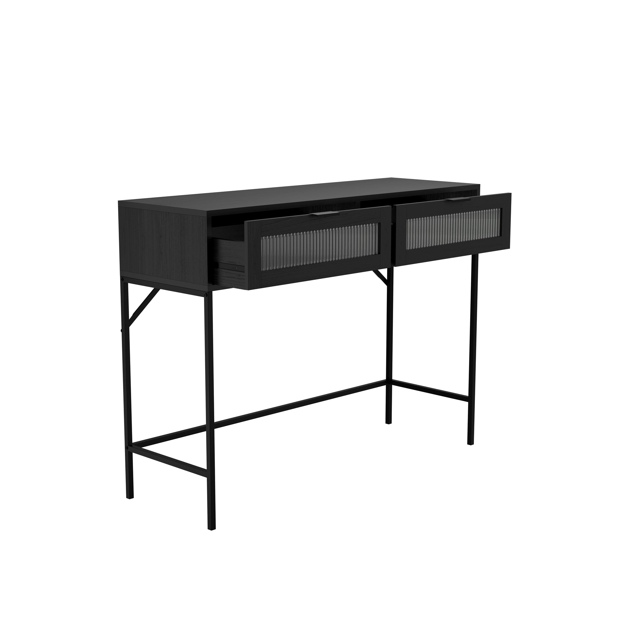 Matte black console table with glass front doors