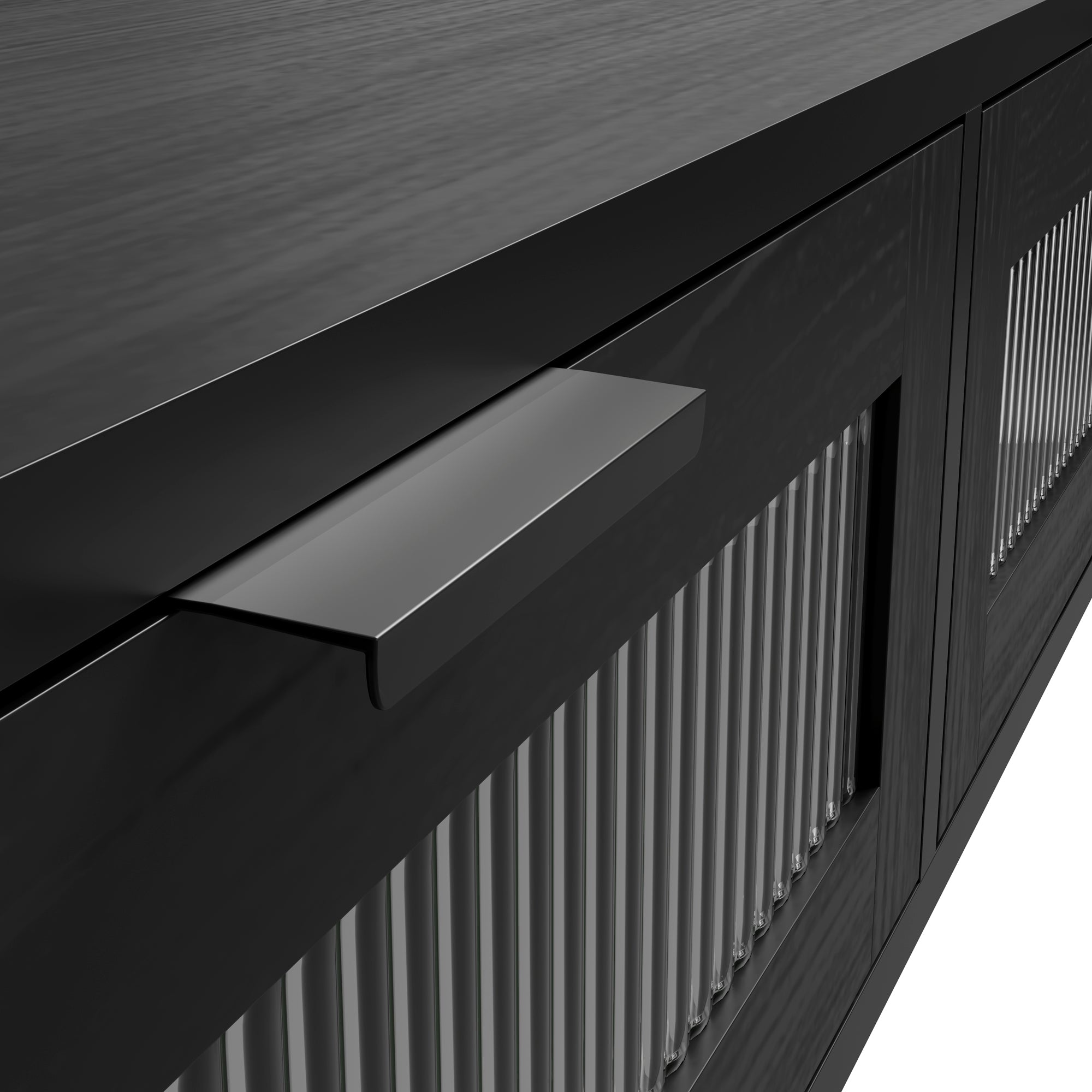Matte black console table with glass front doors