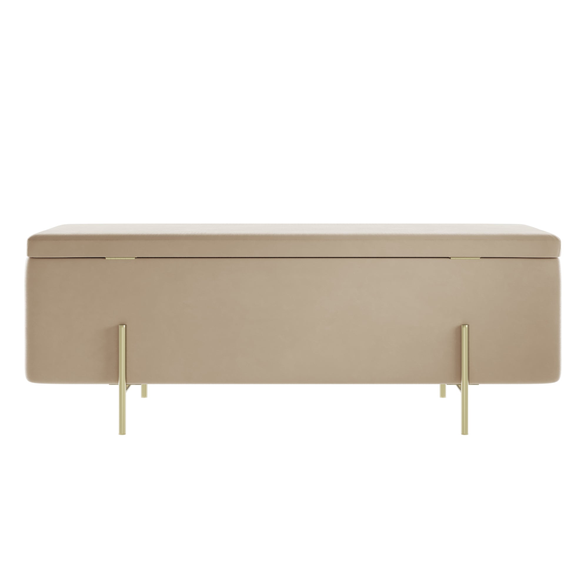 Beige velvet storage bench with gold legs