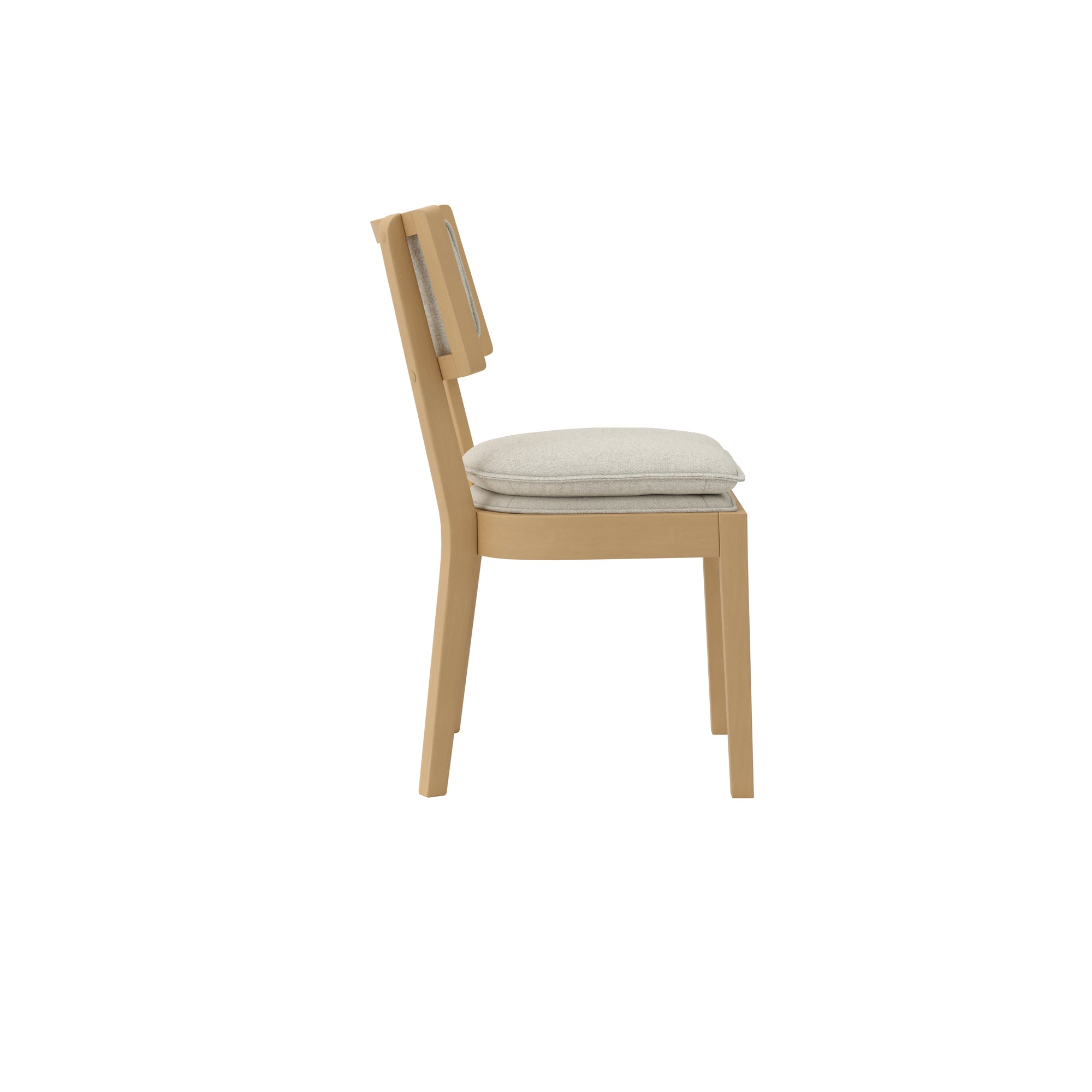 Wooden dining chair with grey cushioned double seat and backrest