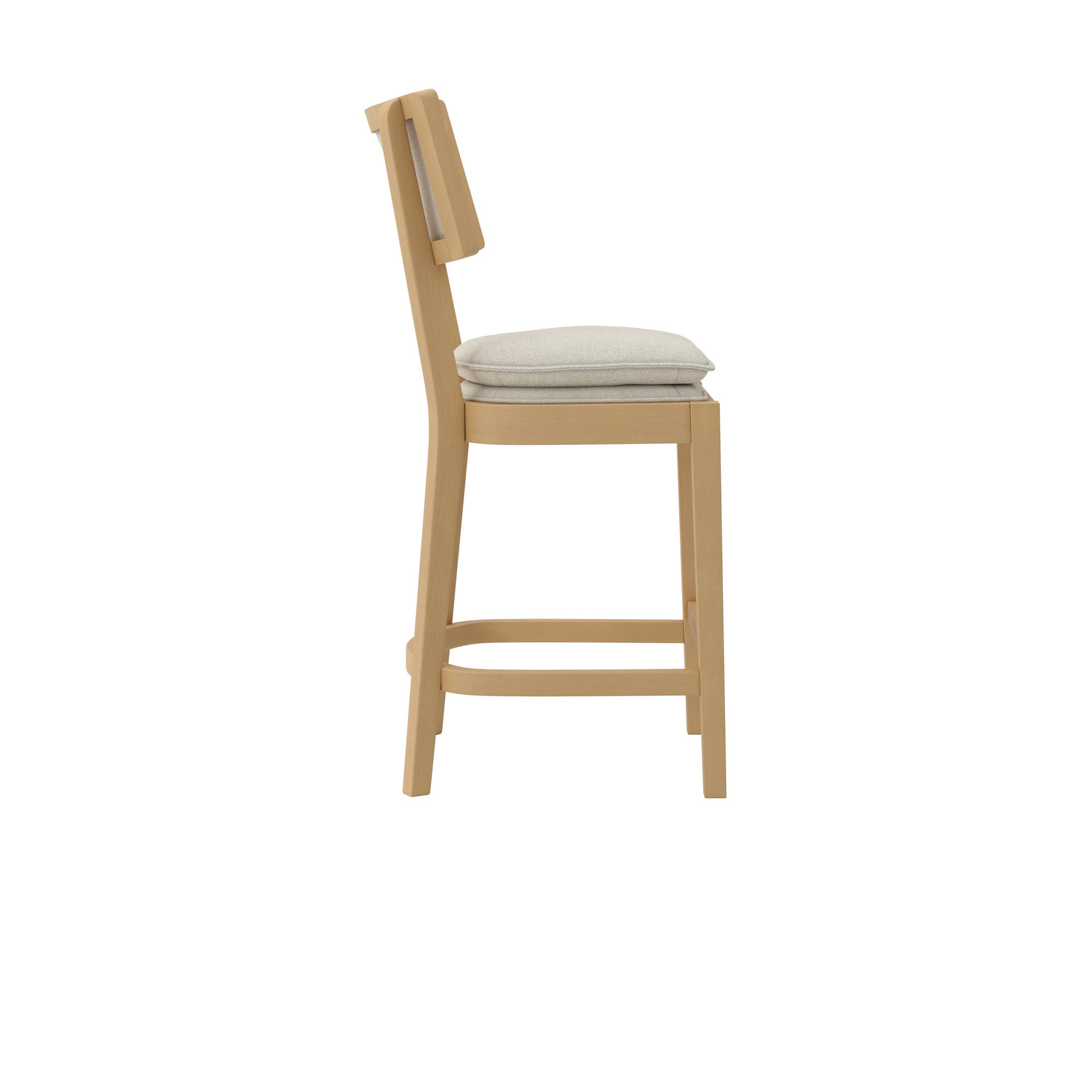 Wooden bar stool with grey cushioned double seat and backrest