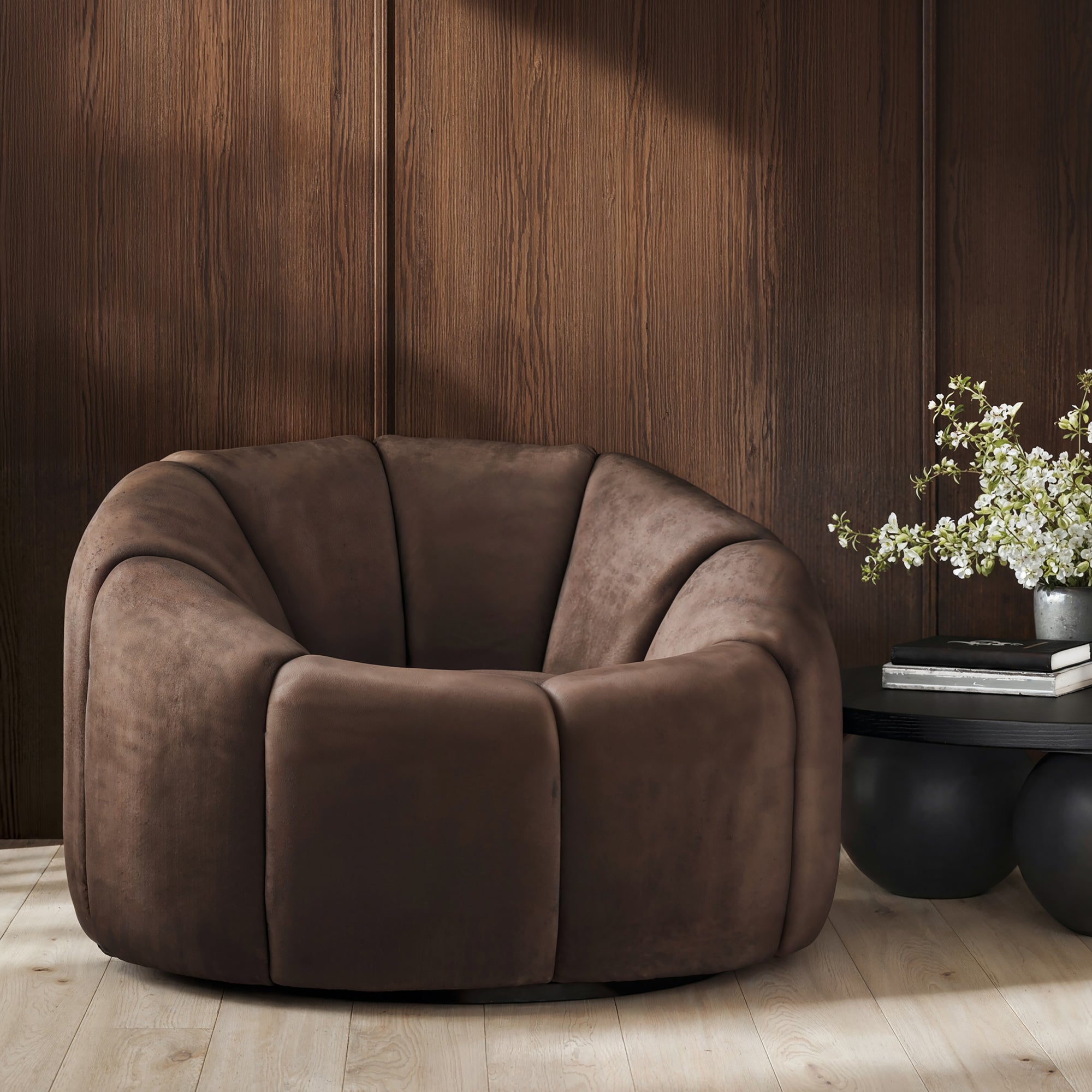 Round brown boucle accent chair
