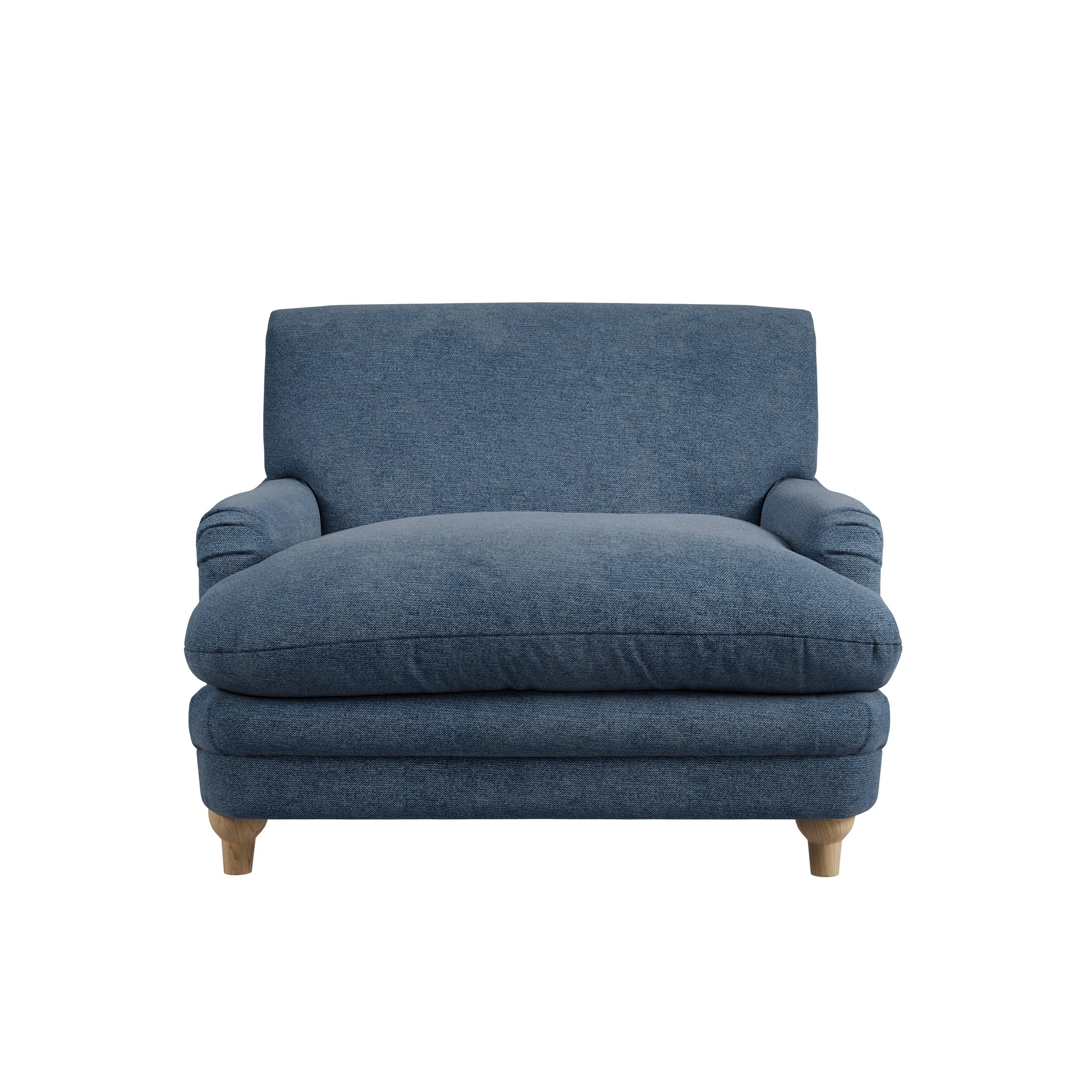 Large blue chenille armchair with wooden legs