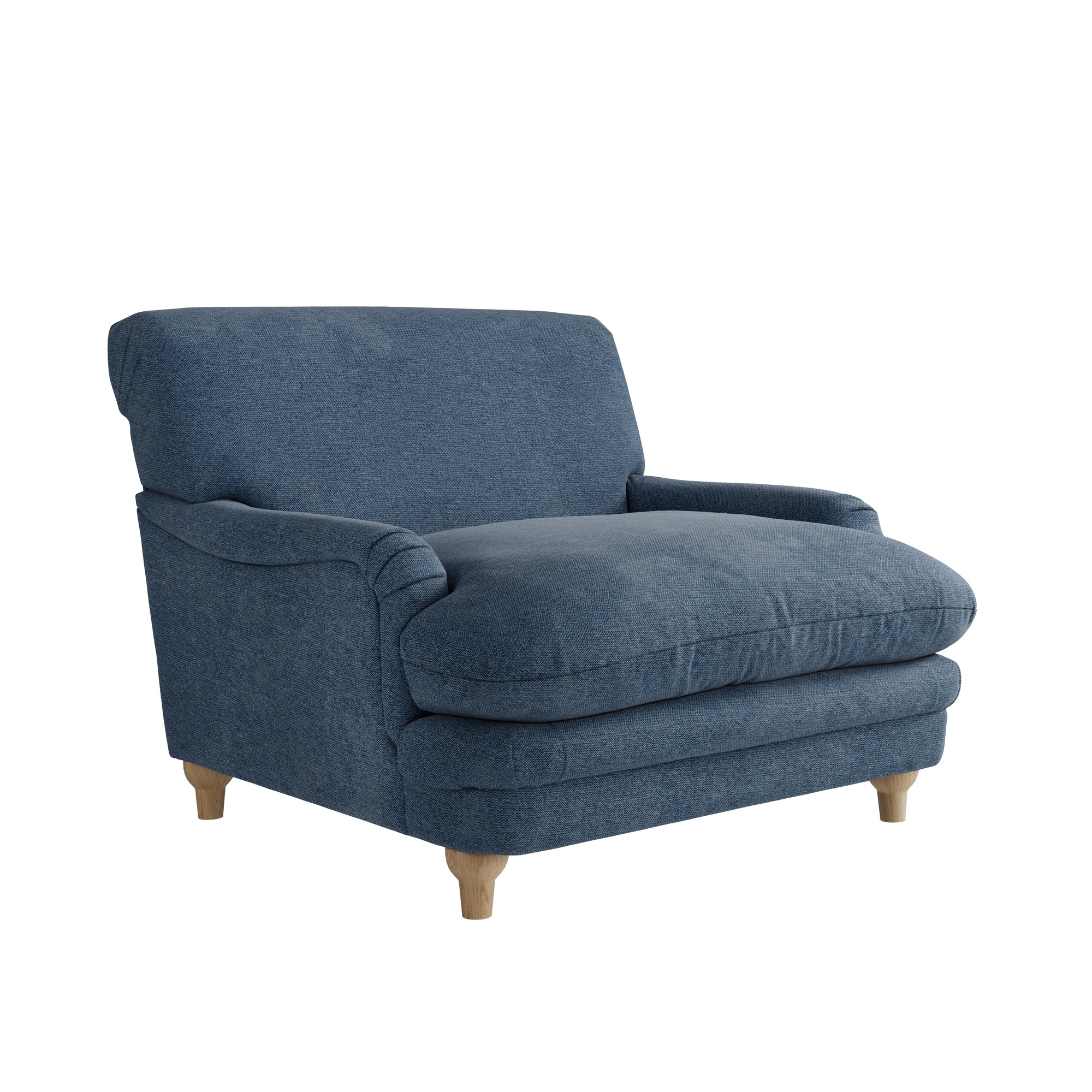 Large blue chenille armchair with wooden legs