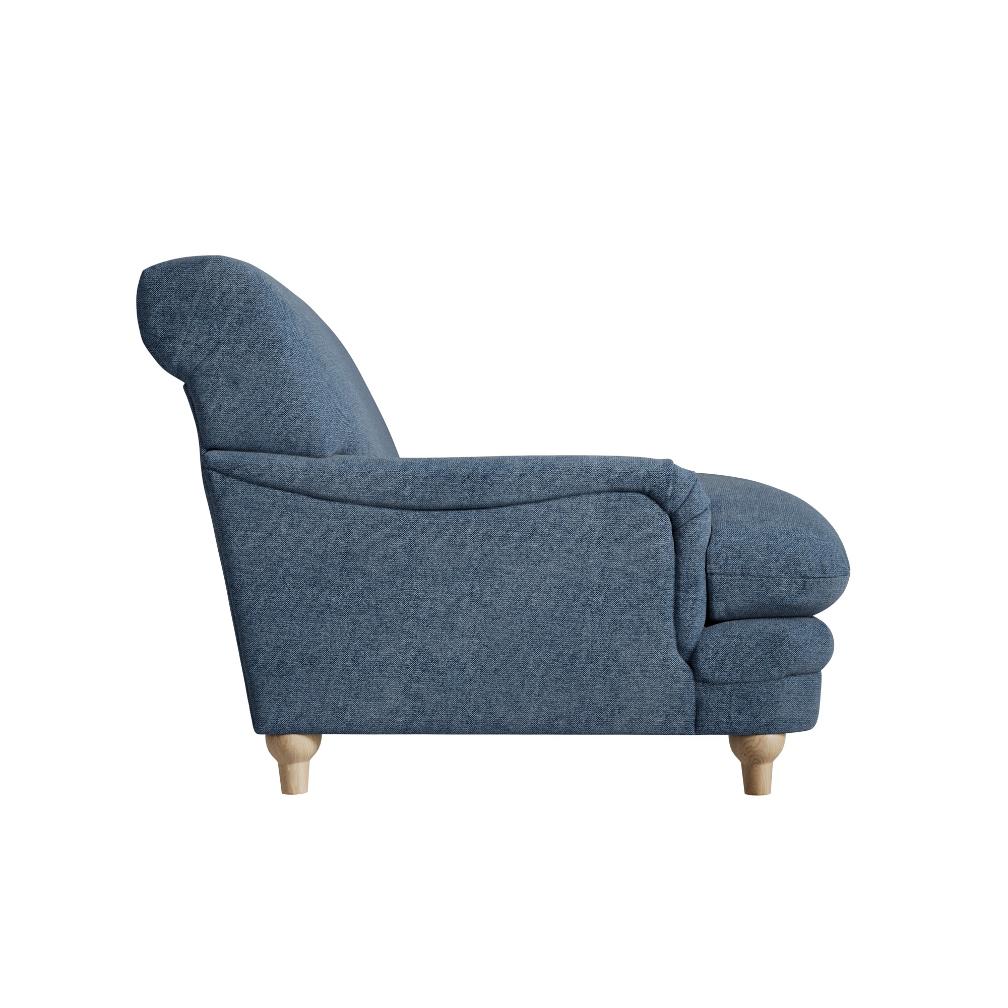 Large blue chenille armchair with wooden legs