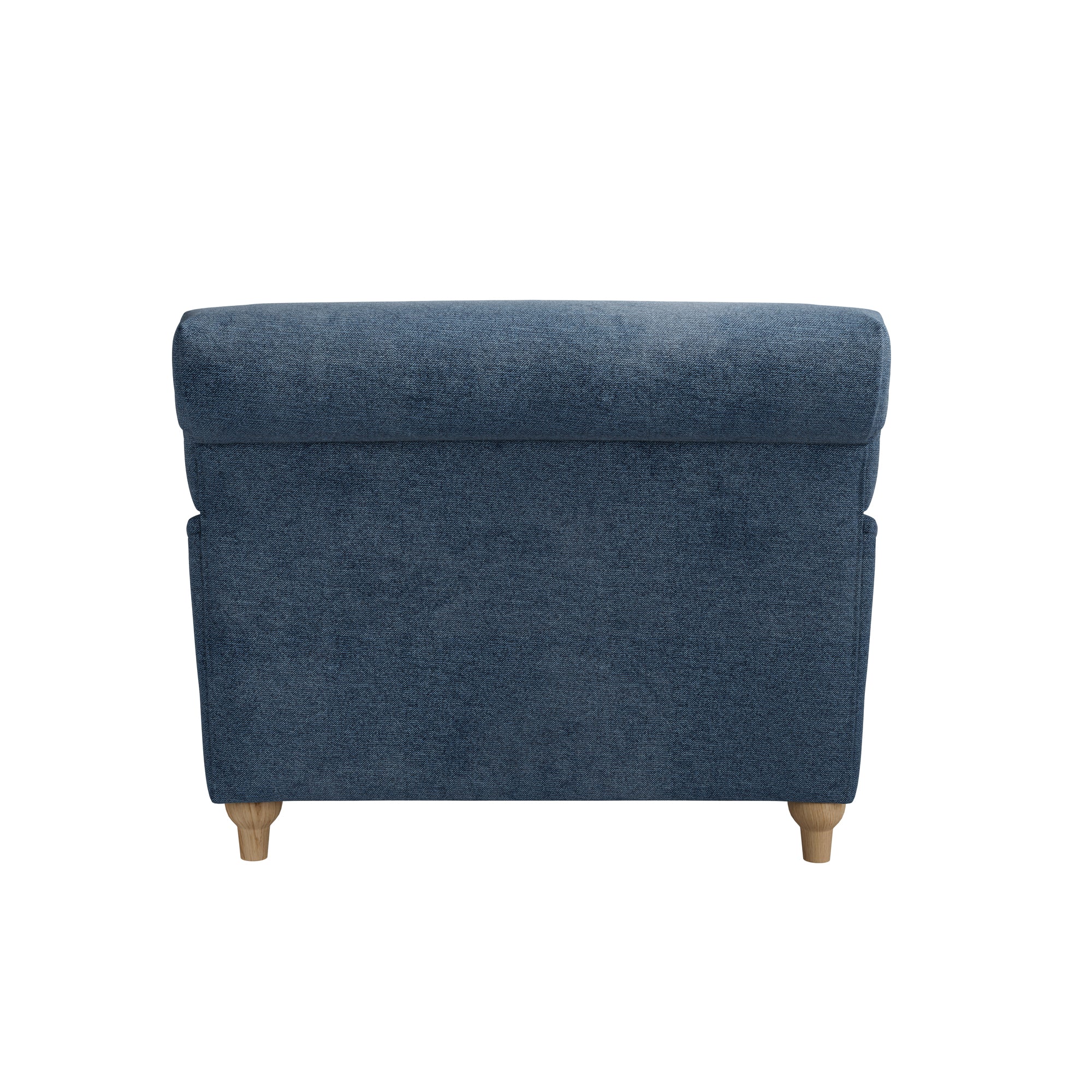 Large blue chenille armchair with wooden legs