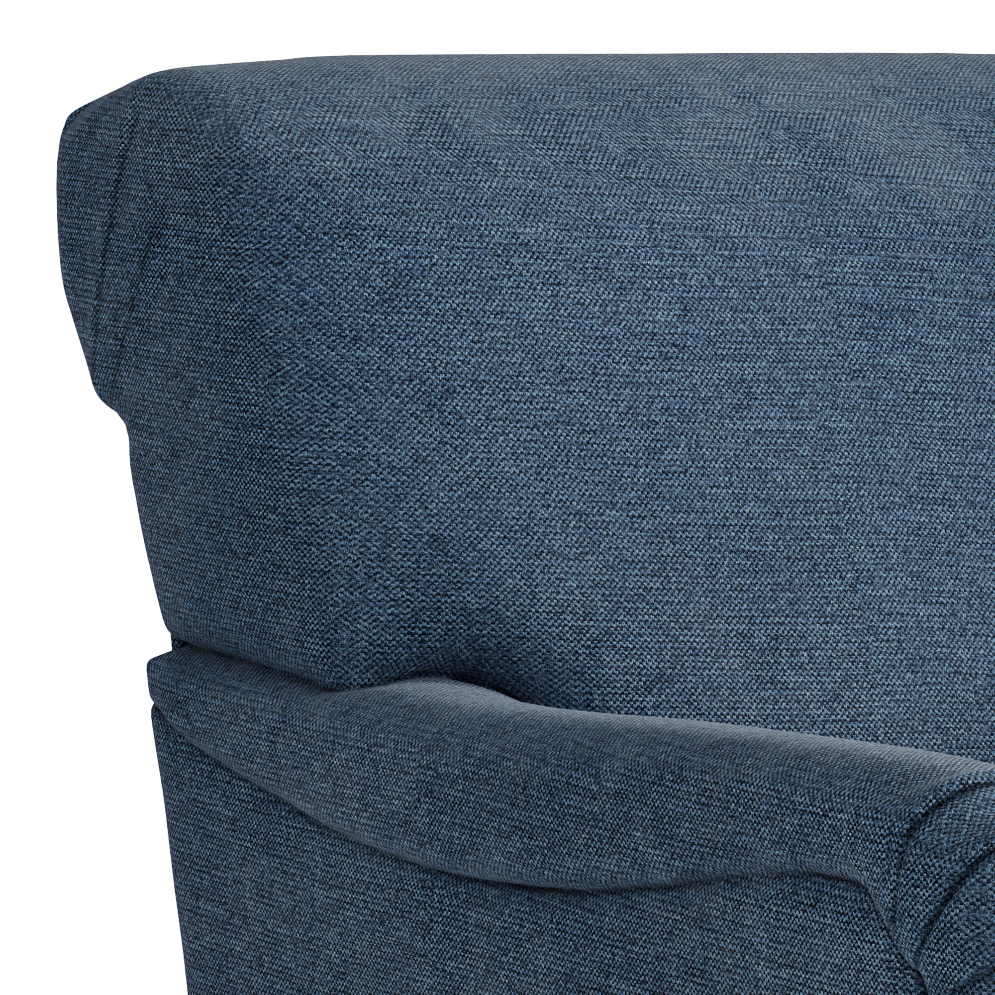 Large blue chenille armchair with wooden legs