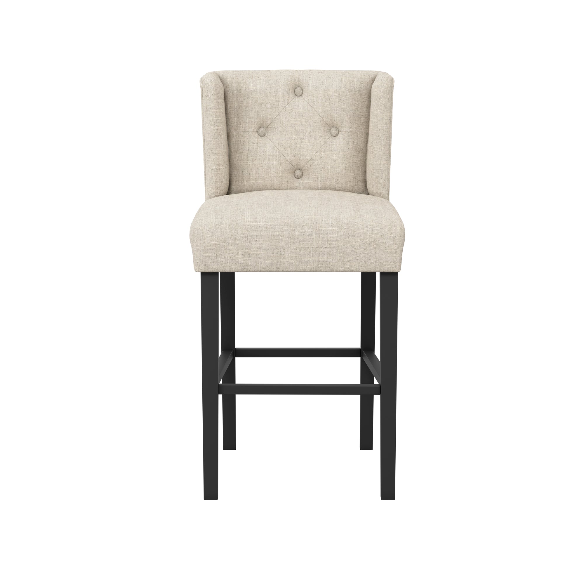 Beige linen wing backed stool with black legs