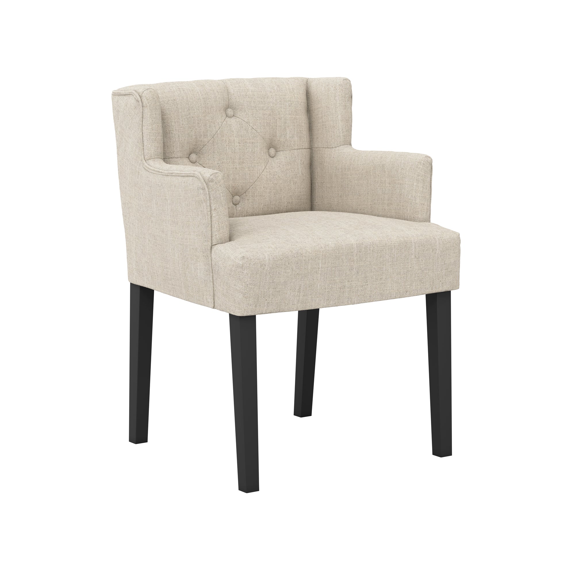Beige linen wing backed armchair with black legs