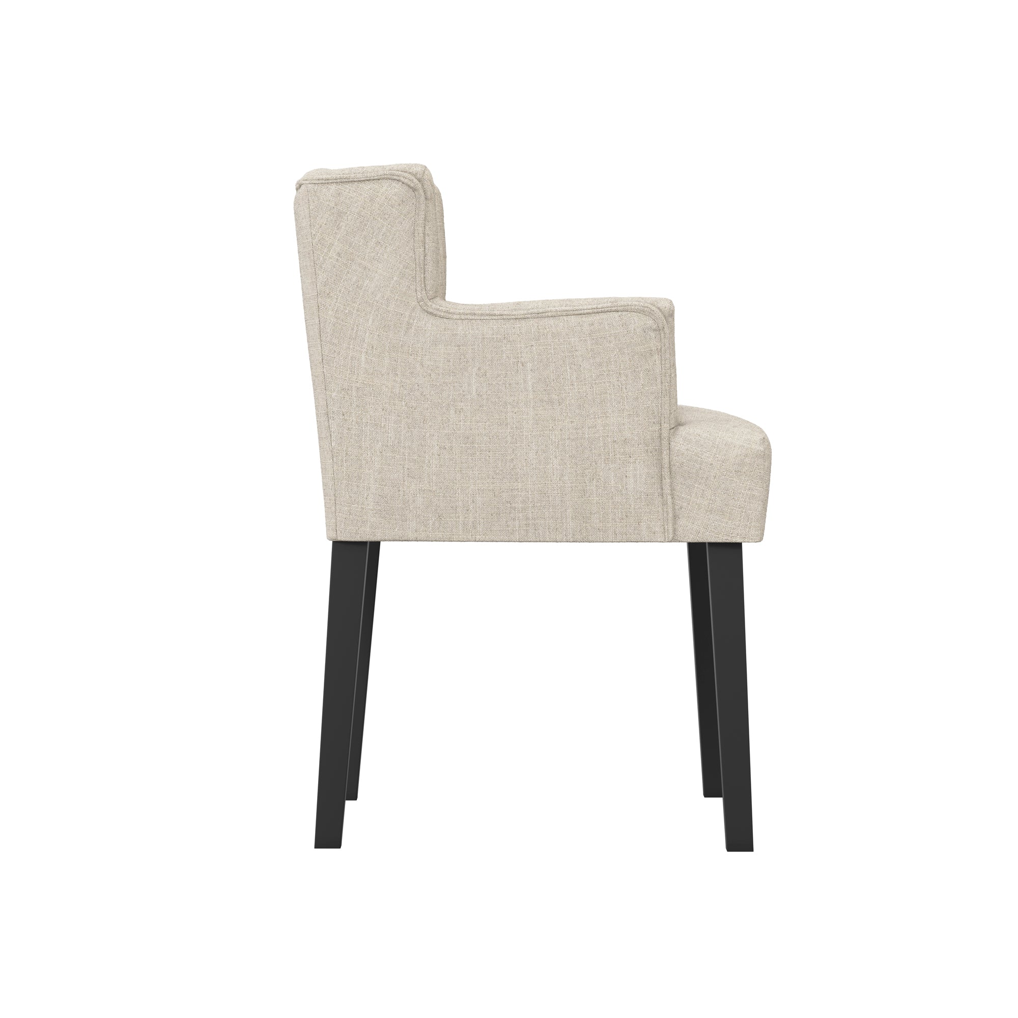 Beige linen wing backed armchair with black legs
