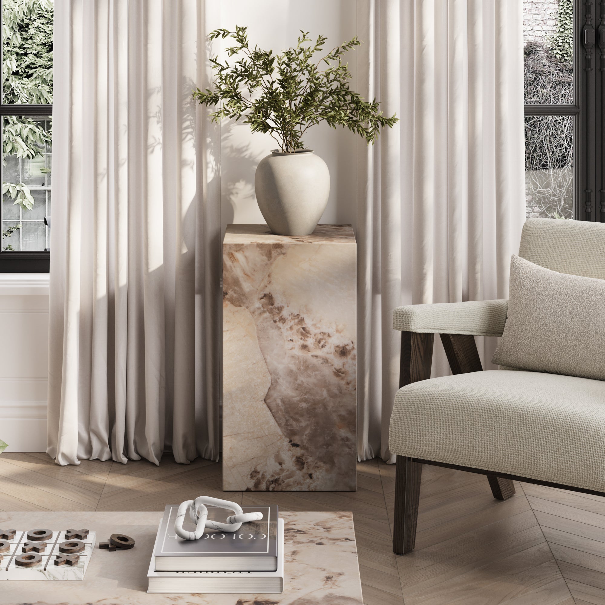 Square marble effect small pedestal