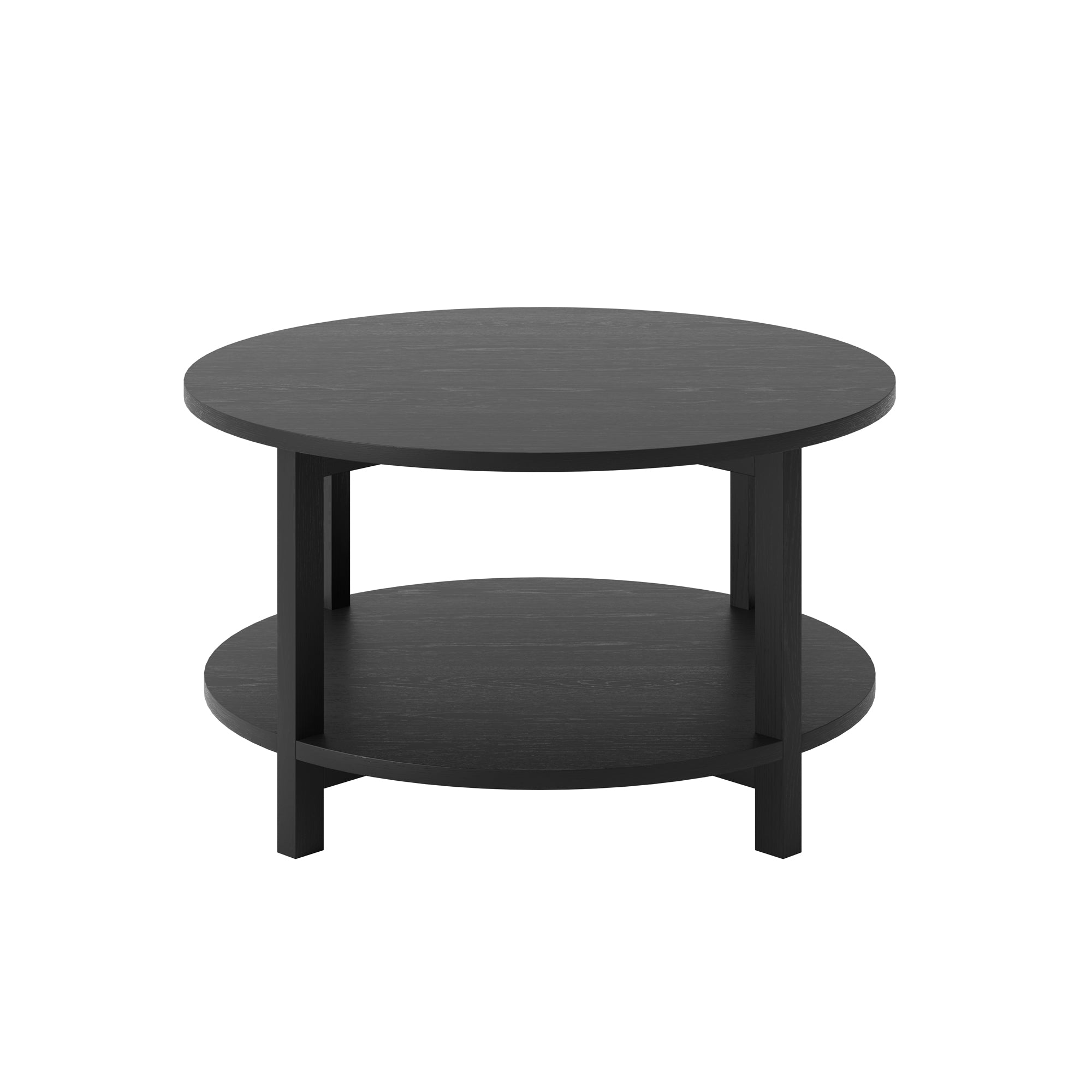 Black round coffee table with shelf