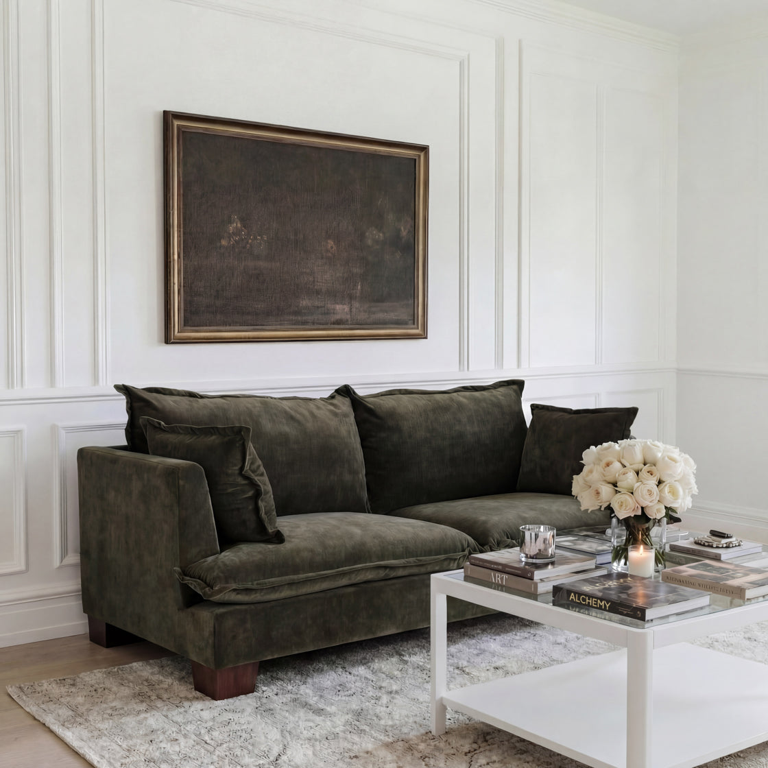 Olive 3 seater soft Sofa in a neutral coloured living room