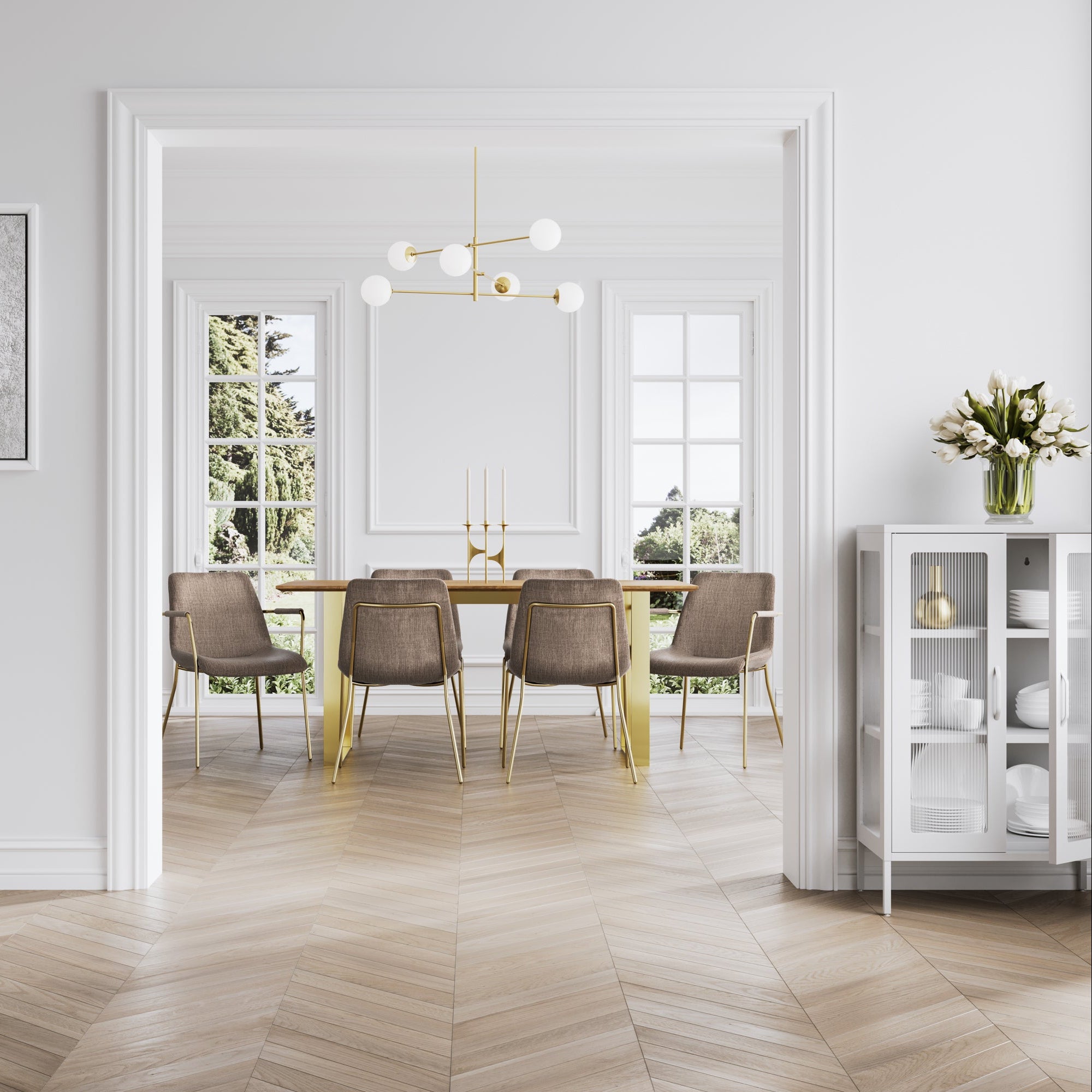 Modern dining room with a wooden table and chairs, white walls, and a decorative cabinet.