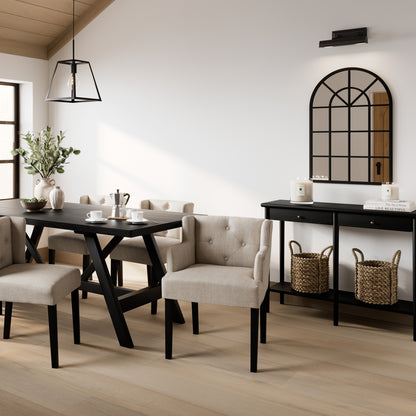 Dining room with black square table and Beige linen wing backed chairs