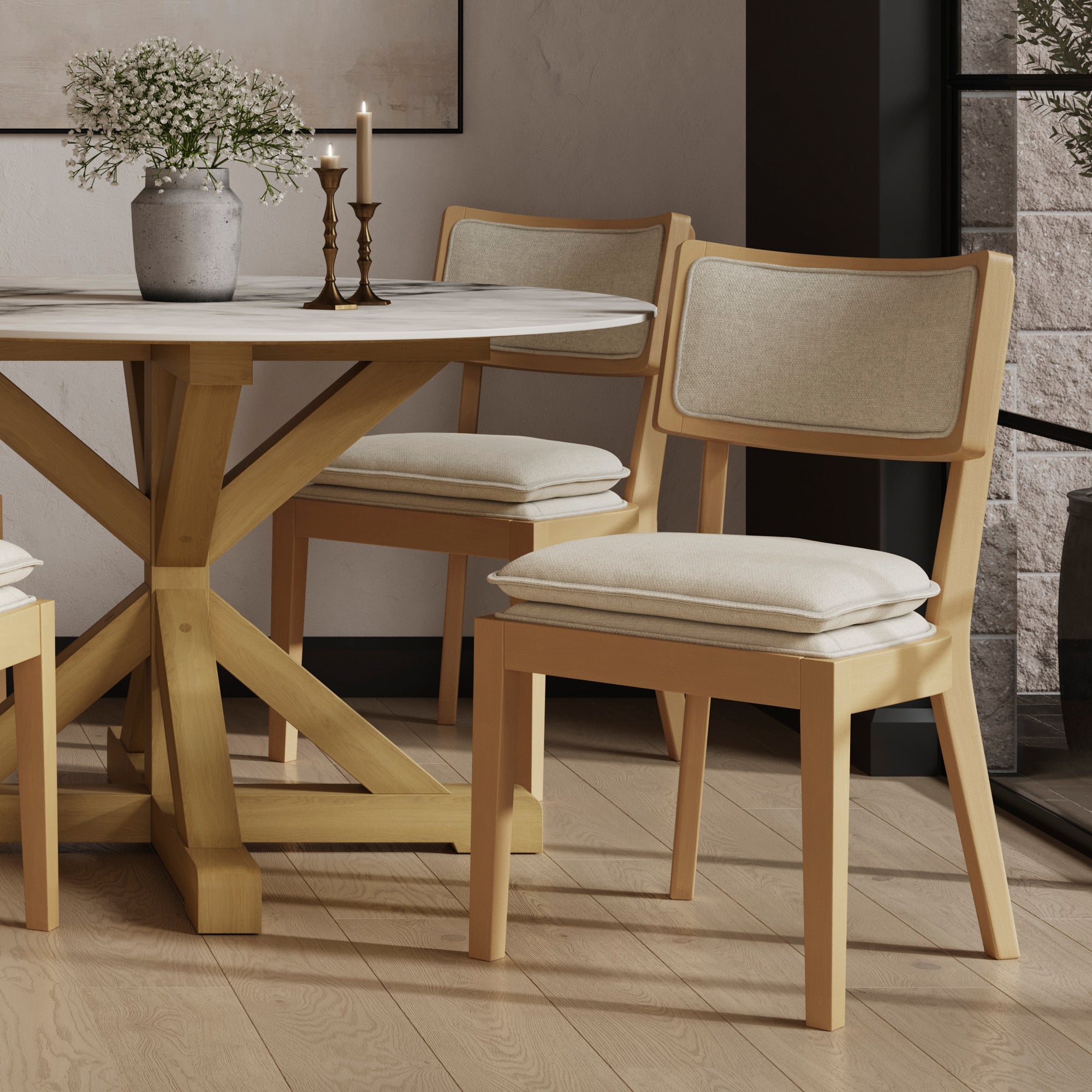 Wooden dining chair with grey cushioned double seat and backrest 