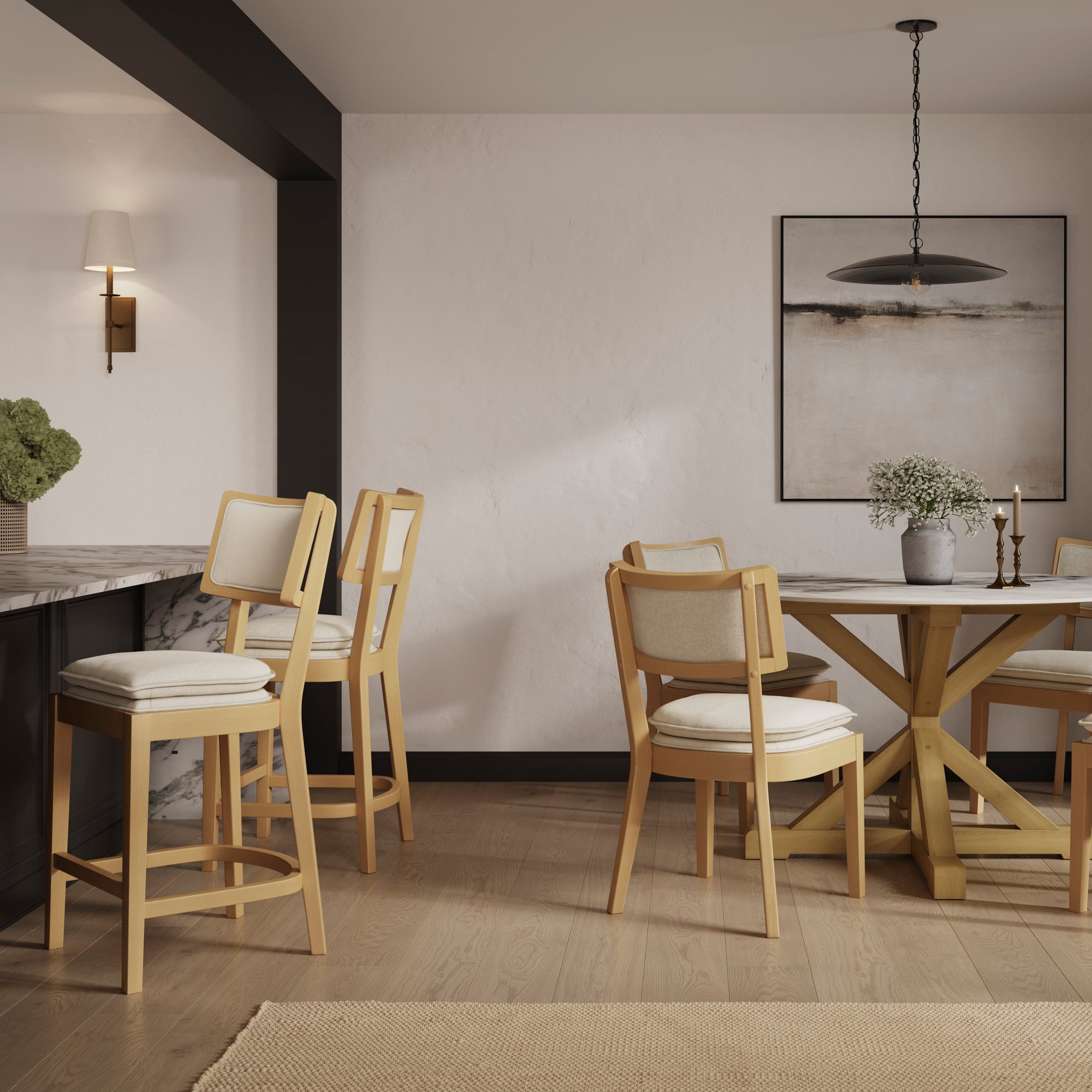 Wooden bar stool with grey cushioned double seat and backrest 