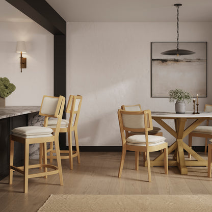 Wooden bar stool with grey cushioned double seat and backrest 