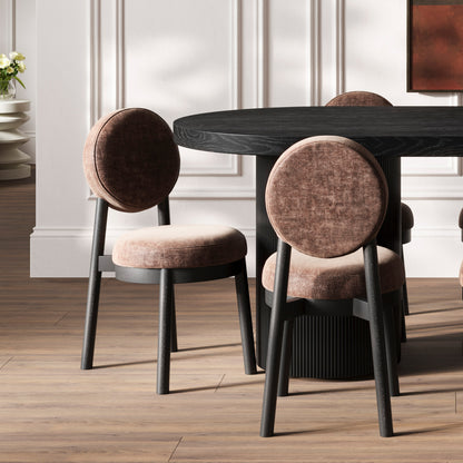 Modern black dining chair with wooden accents and brown cushion