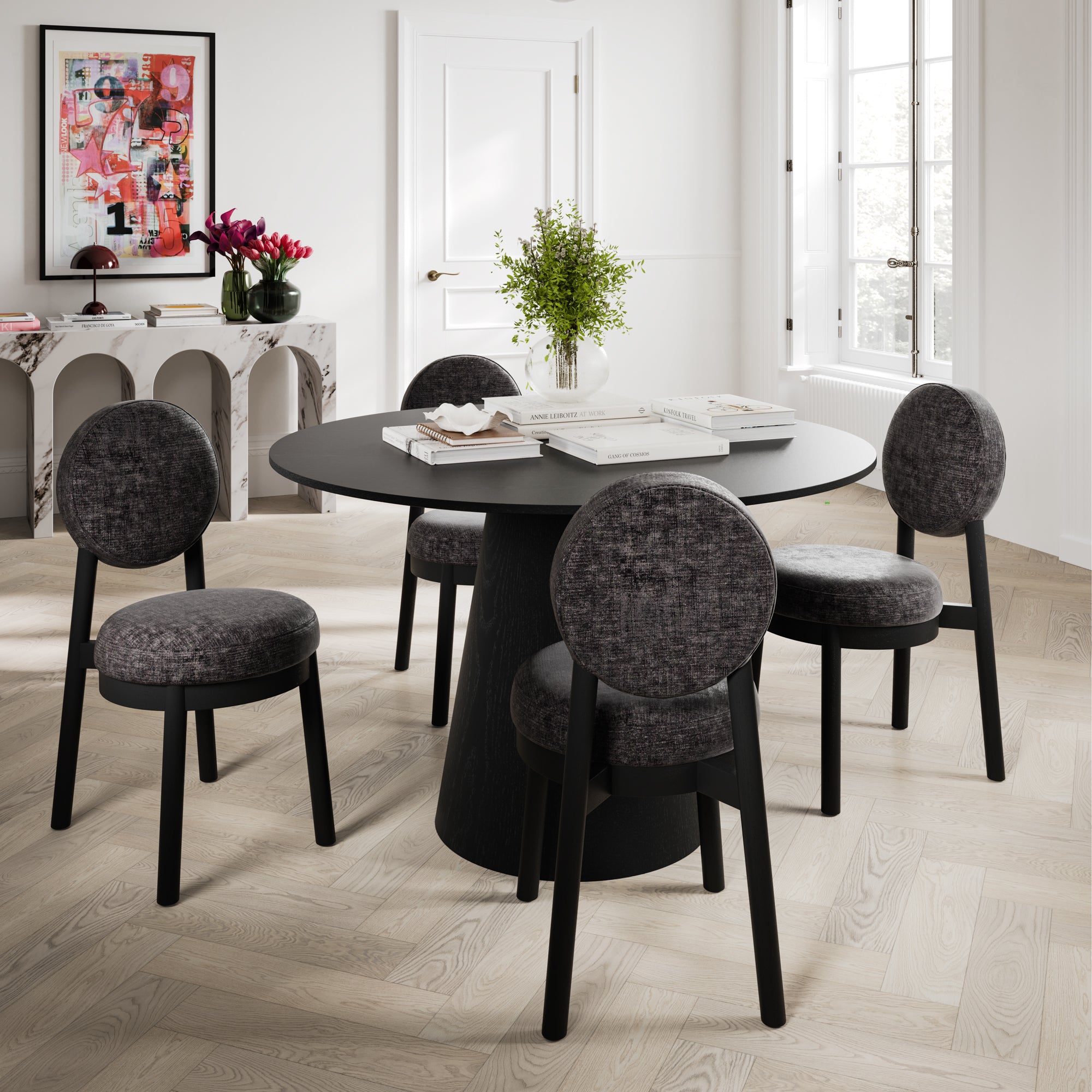 Modern black dining chair with wooden accents and grey cushion