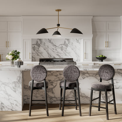 Modern black bar stool with wooden accents and grey cushion