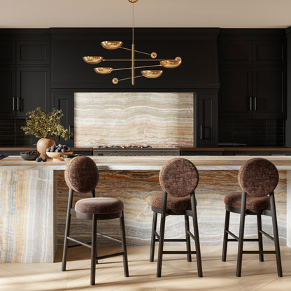 Modern black bar stool with wooden accents and brown cushion