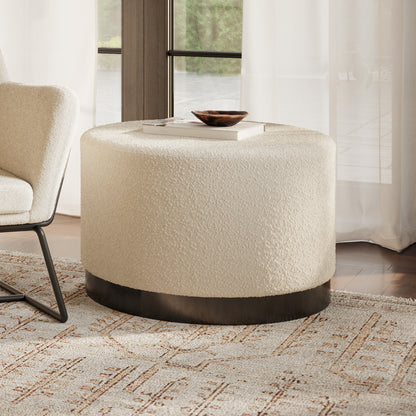 Large round ivory boucle stool with matte black base