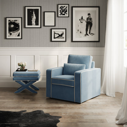 Blue Velvet armchair with white piping 