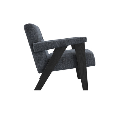 Grey velvet armchair with black wooden legs