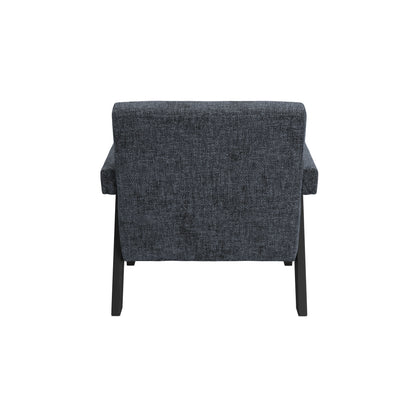Grey velvet armchair with black wooden legs