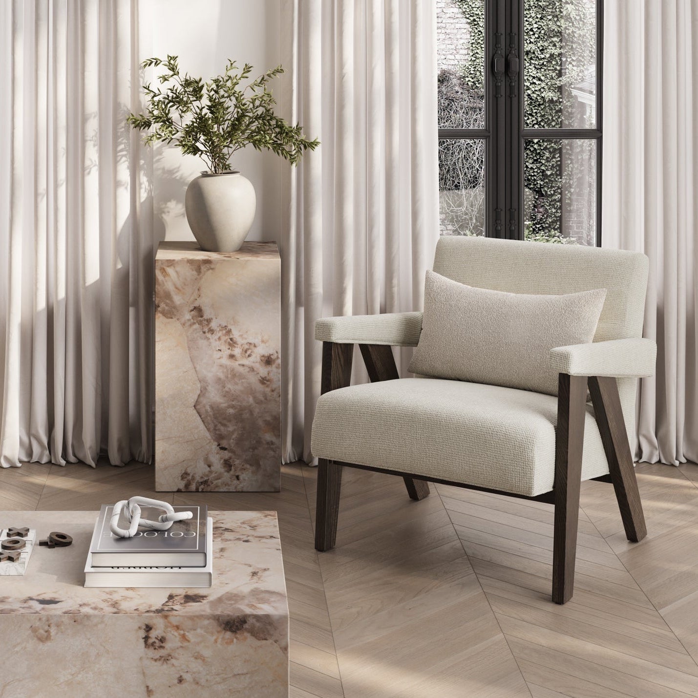 Modern Cream velvet armchair with brown wooden legs with Marble table and marble plinth