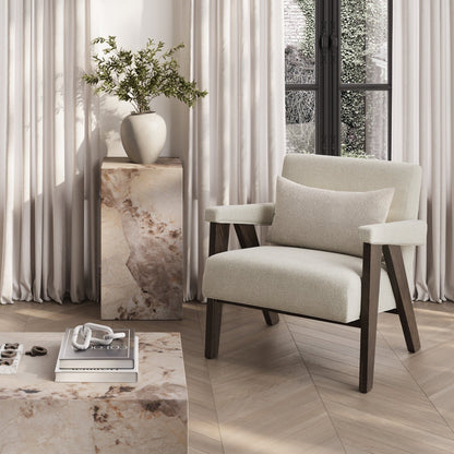 Modern Cream velvet armchair with brown wooden legs with Marble table and marble plinth