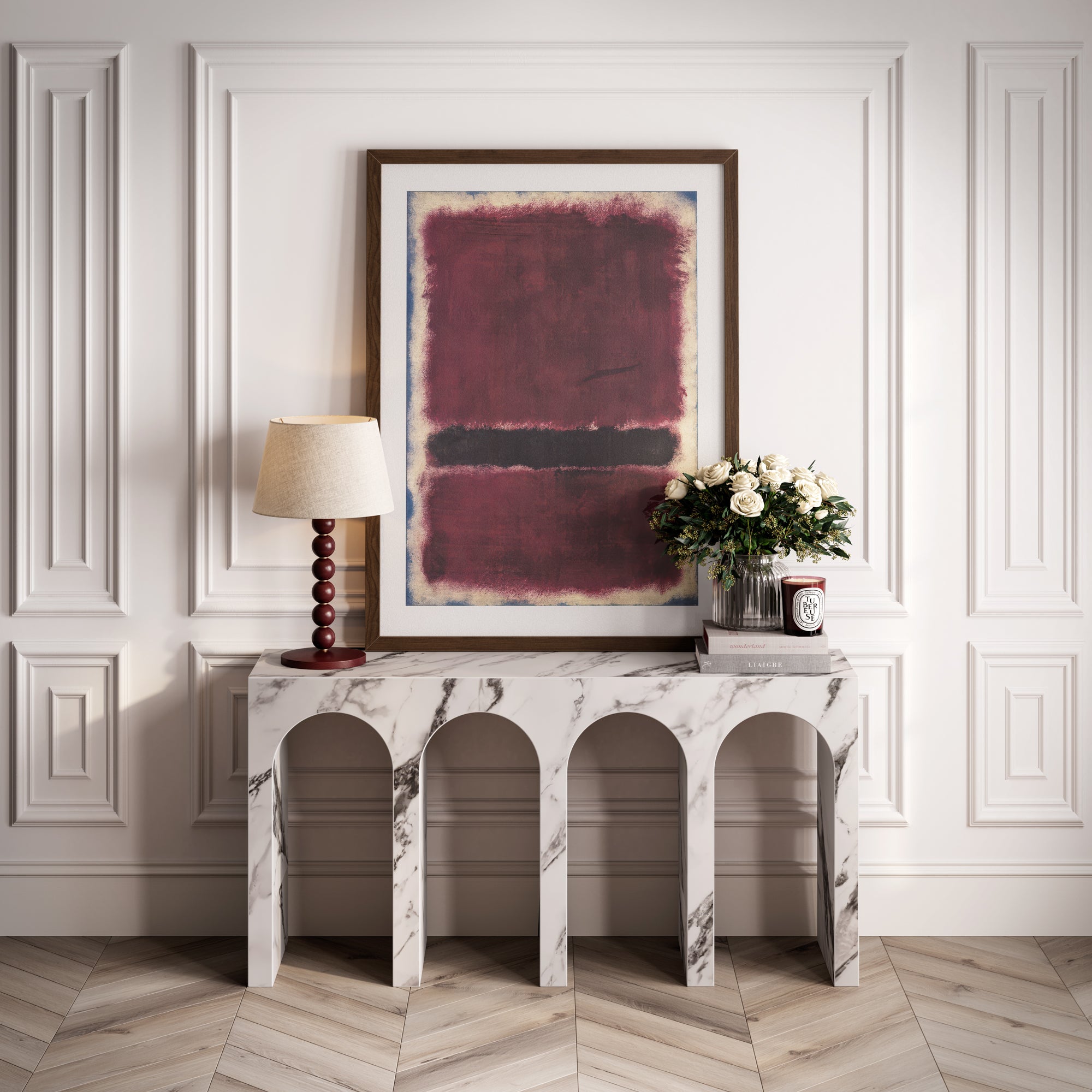 Marble-patterned console table with arches