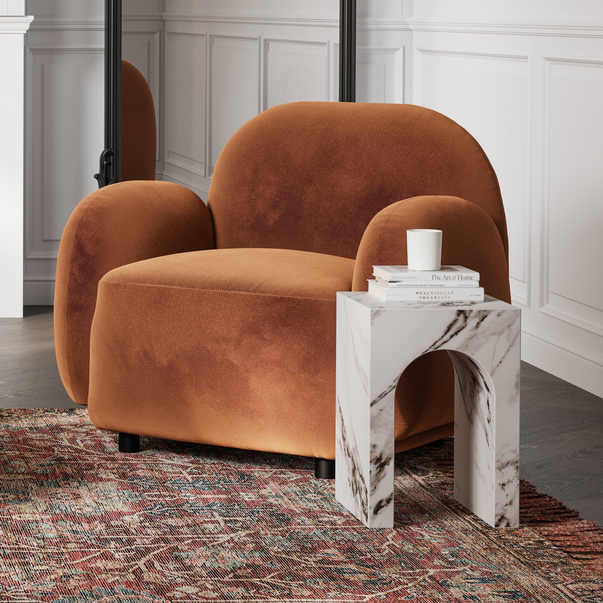 Marble-patterned console table with arches with Rust Armchair