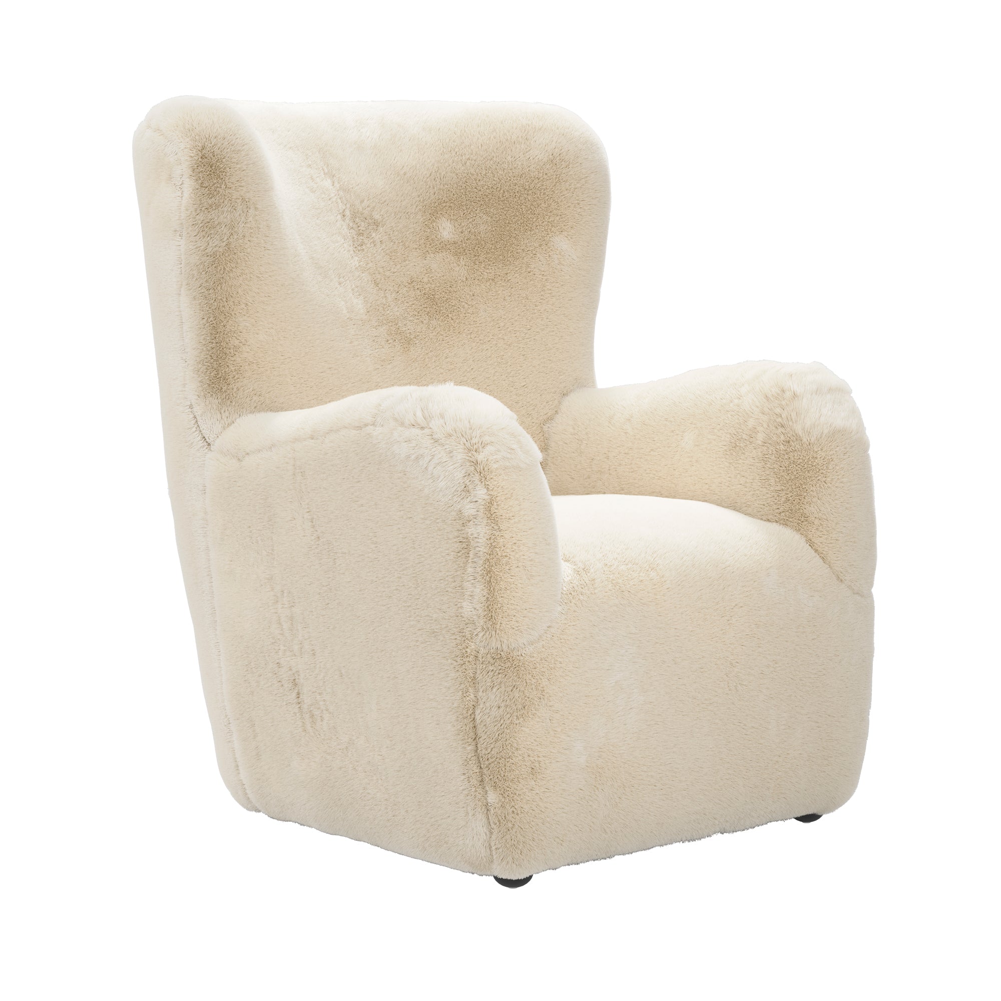 Cream fur fabric wing backed armchair 