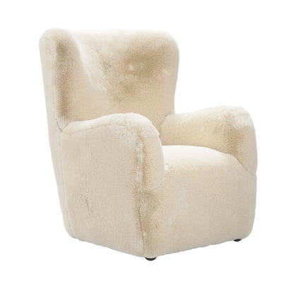 Cream fur fabric wing backed armchair 